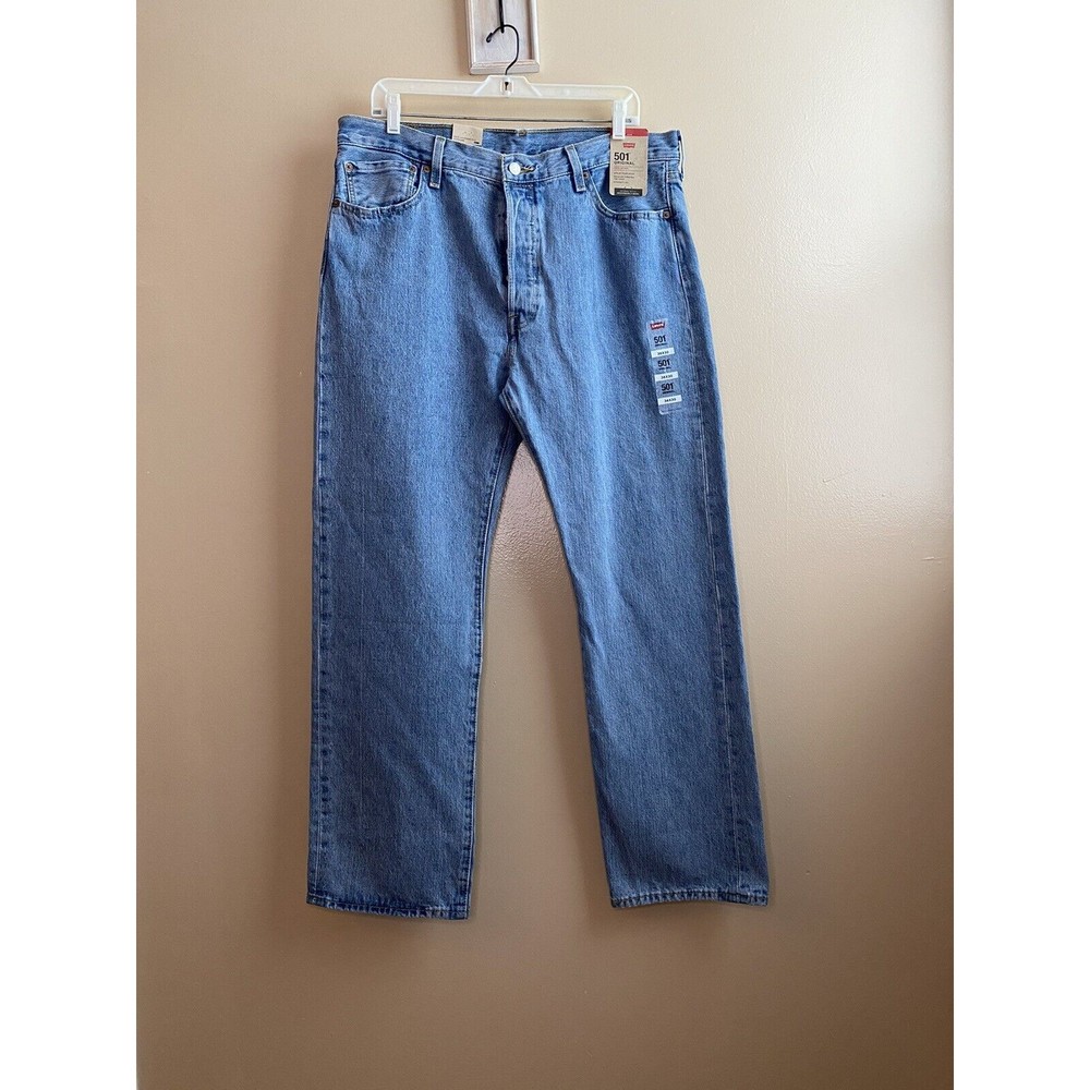 New Levis Men’s 501 Blue Straight Leg Denim High Rise Casual Jeans Sz 36x30